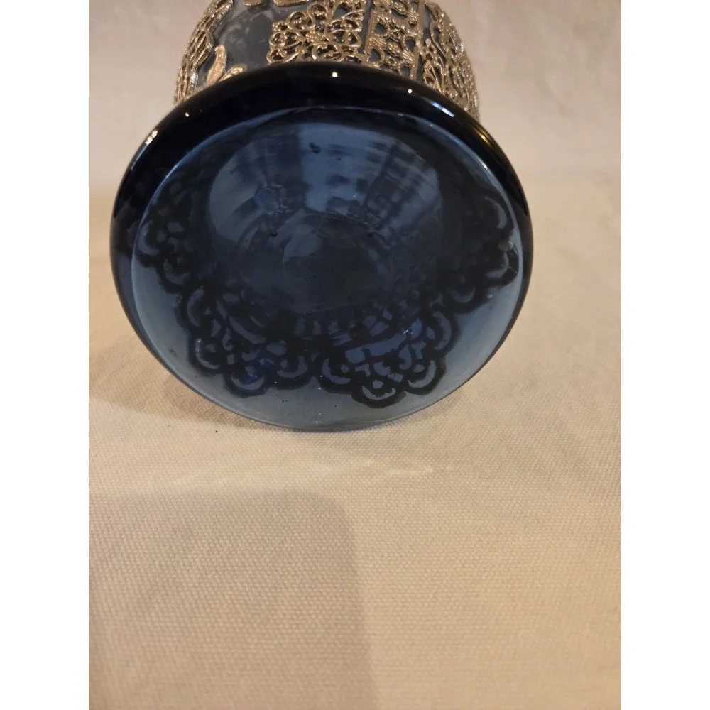 Cobalt Blue Glass Decorative Bottle Vase Gold Tone Filigree Floral 8